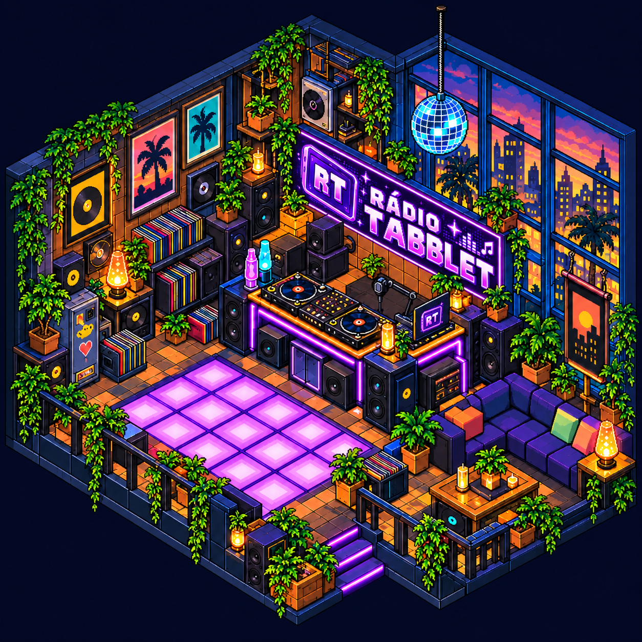 Estúdio pixelado da Rádio Tabblet com bancada e pista
